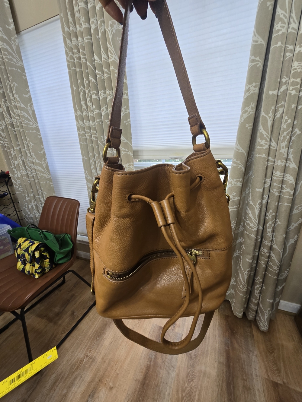 Fossil Cognac Leather Drawstring Hobo Bag with Gold Hardware